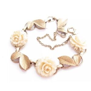 VINTAGE‎ DESIGNER SIGNED WELLS 14K GOLD FILLED CARVED ROSE FLOWER CAB BRACELET